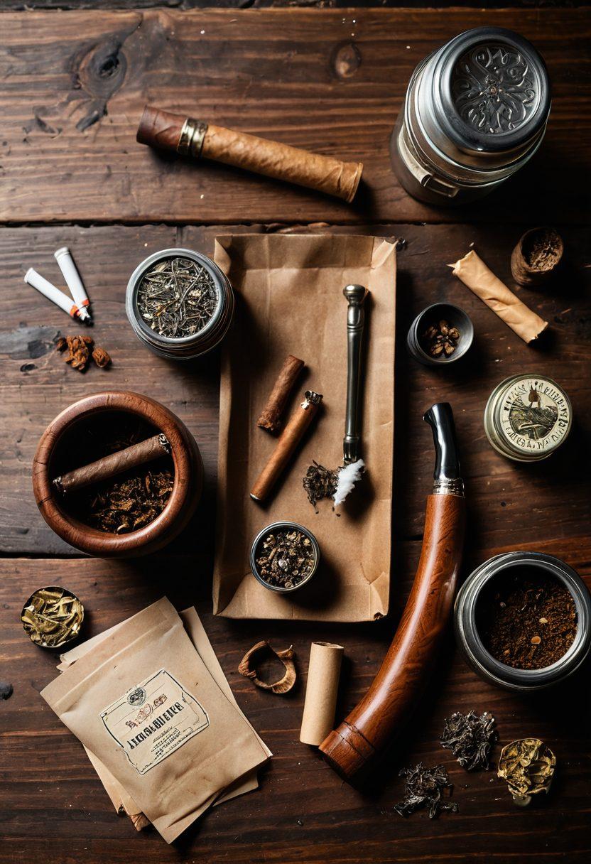 A stylish flat lay of essential smoking gear, including a beautifully crafted wooden tobacco pipe, a variety of loose tobacco blends in small jars, a vintage lighter, and elegant rolling papers arranged on a rustic wooden table. Soft ambient lighting highlights the textures and colors, creating an inviting atmosphere. Add hints of scattered dried tobacco leaves to enhance the theme. earthy tones. super-realistic. soft lighting.