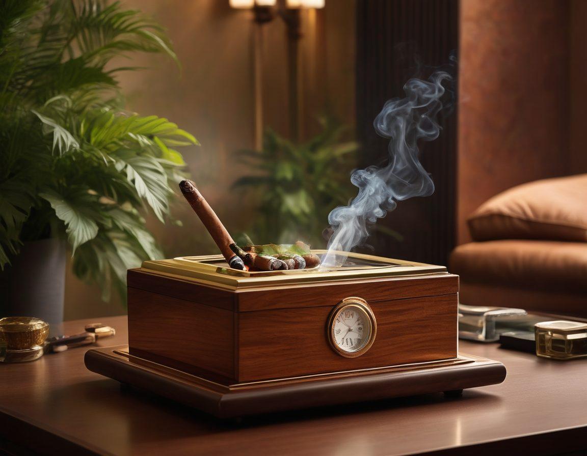 A sophisticated lounge setting featuring an elegant cigar humidor filled with premium cigars, surrounded by modern smoking alternatives like sleek e-cigarettes and lush greenery. Soft ambient lighting casts a warm glow, highlighting the textures of the cigars and accessories. A stylish ashtray holds a smoldering cigar, with hints of luxury and indulgence in the decor. This scene evokes a sense of relaxation and refined taste. super-realistic. warm tones. luxurious ambiance.