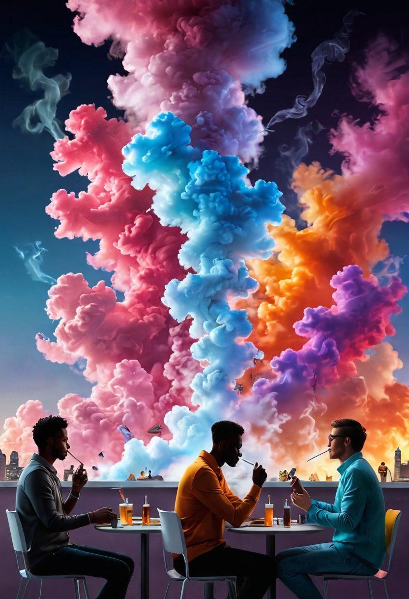 A dynamic split-scene illustration showing the transition from traditional cigarettes to sleek modern vaping devices. The left side should depict a smoky café setting with ashtrays overflowing, while the right side showcases a vibrant, futuristic environment filled with colorful vape clouds and stylish vape devices. Include diverse individuals enjoying the shift, highlighting the contrast in ambiance. colorful, super-realistic, with a soft gradient background.